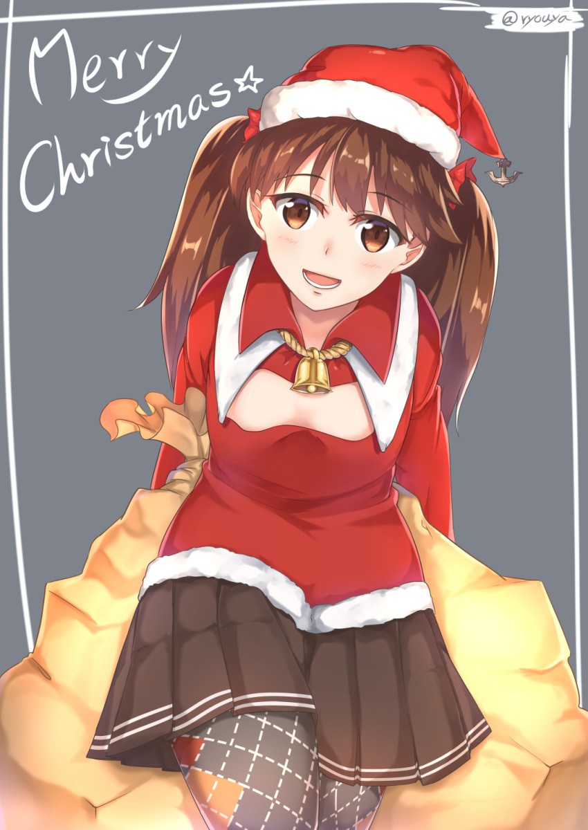 1girl artist_name bag brown_eyes brown_hair cleavage_cutout flat_chest hair_ribbon hat highres kadokawa_shoten kantai_collection leaning_forward merry_christmas pantyhose pleated_skirt ribbon ryouya ryuujou_(kantai_collection) santa_hat skirt solo twintails