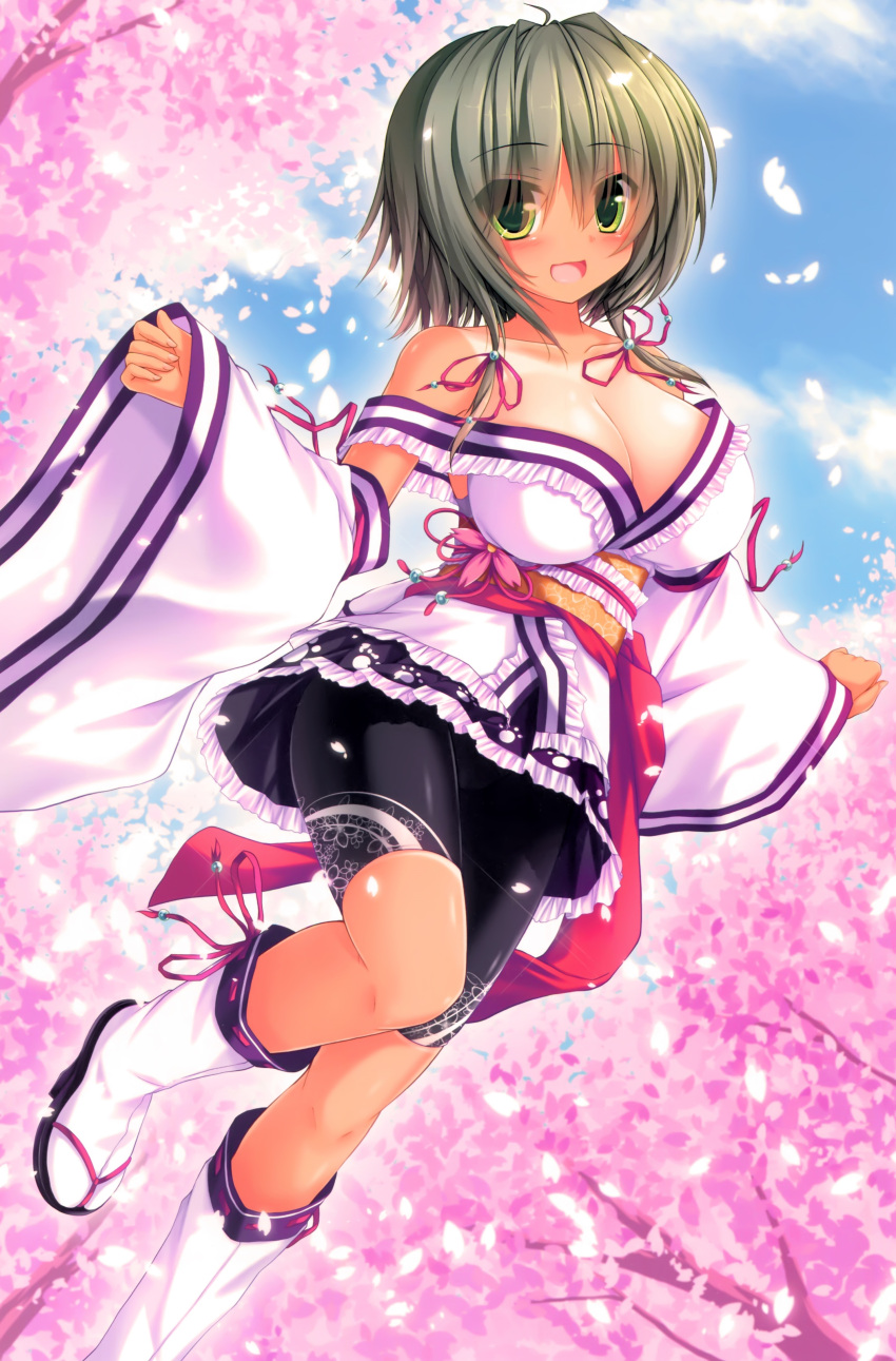 1girl :d absurdres arm_at_side bangs bare_shoulders bike_shorts black_shorts blue_sky blush breasts character_request cherry_blossoms cleavage clouds cloudy_sky collarbone day detached_sleeves dress eyebrows_visible_through_hair eyes_visible_through_hair fingernails geta green_eyes green_hair hair_between_eyes hair_ribbon hand_up highres japanese_clothes kimono large_breasts leg_up looking_at_viewer obi off-shoulder_dress off_shoulder one-piece_tan one_leg_raised open_mouth original outdoors petals red_ribbon ribbon ribbon-trimmed_legwear ribbon_trim sash short_hair short_kimono shorts sidelocks sky sleeveless sleeveless_kimono smile solo standing standing_on_one_leg syroh tan tanline white_legwear wide_sleeves