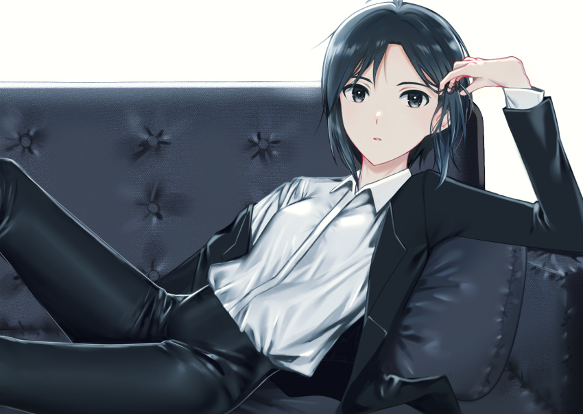 1girl antenna_hair black_eyes black_hair couch dress_shirt formal hachiware hand_in_hair idolmaster idolmaster_2 kikuchi_makoto long_sleeves looking_at_viewer off_shoulder parted_lips reverse_trap shirt short_hair simple_background sitting solo suit white_background