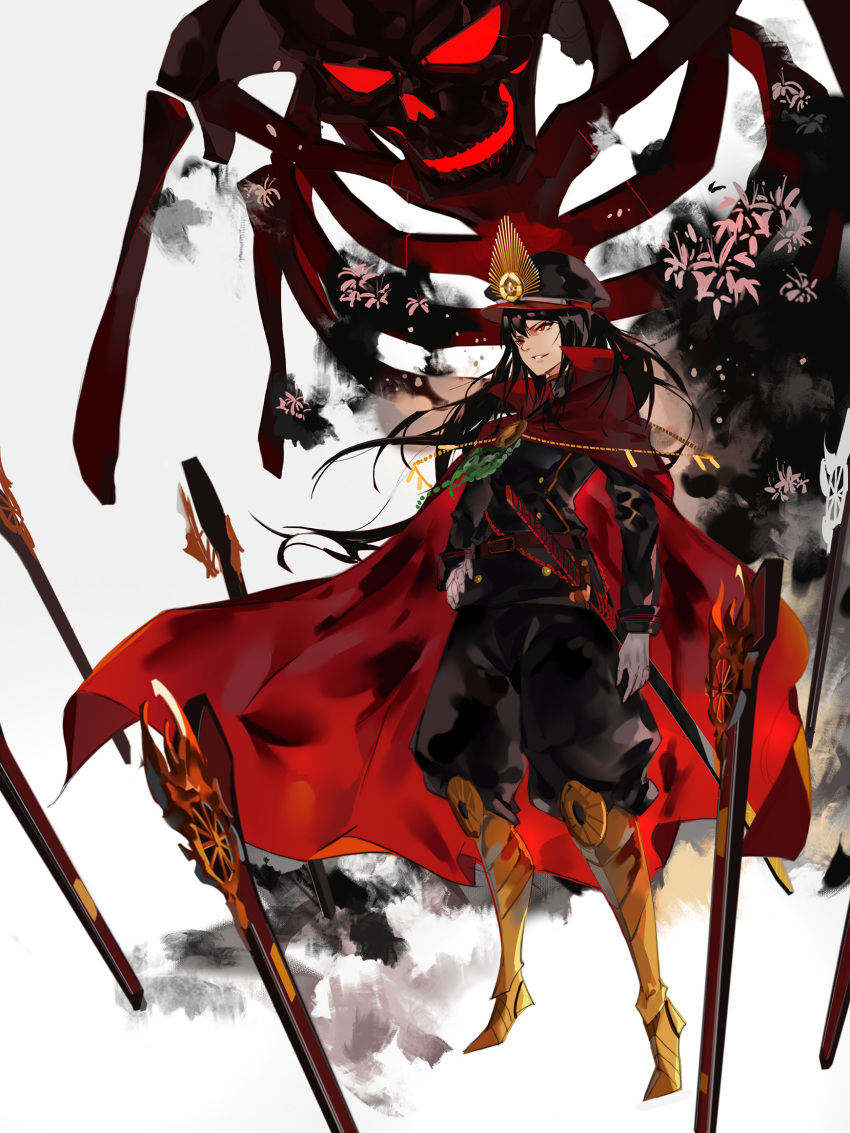 1girl ae_(alter-c) armor armored_boots black_hair black_pants boots cape demon_archer fate/grand_order fate_(series) gloves grin hand_on_own_thigh hat highres koha-ace long_hair looking_away military military_hat military_uniform pants red_cape red_eyes scabbard sheath skeleton smile solo sword uniform weapon white_background white_gloves