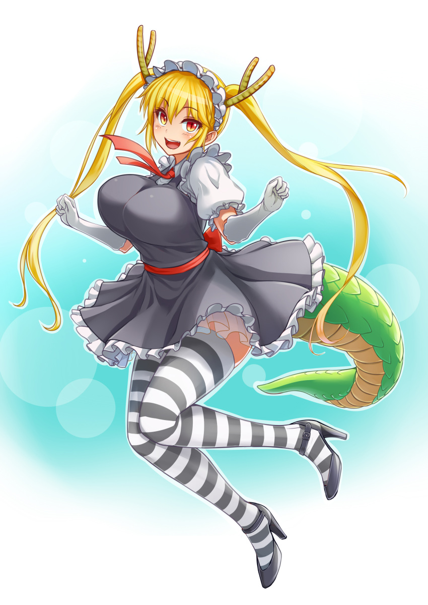 1girl :d absurdres ascot black_dress black_shoes blonde_hair blush breasts collared_shirt dragon_girl dragon_horns dragon_tail dress dress_shirt elbow_gloves eyebrows_visible_through_hair fang feathers frilled_skirt frilled_sleeves frills full_body gloves gradient gradient_eyes hair_between_eyes hands_up high_heels highres horns irudana kobayashi-san_chi_no_maidragon large_breasts long_hair looking_at_viewer maid maid_headdress multicolored multicolored_eyes necktie open_mouth orange_eyes puffy_short_sleeves puffy_sleeves red_ascot red_necktie redhead sash scales shirt shoes short_dress short_sleeves sidelocks skirt sleeveless sleeveless_dress smile solo standing striped striped_legwear tail thigh-highs tooru_(maidragon) twintails very_long_hair white_gloves white_shirt yellow_eyes