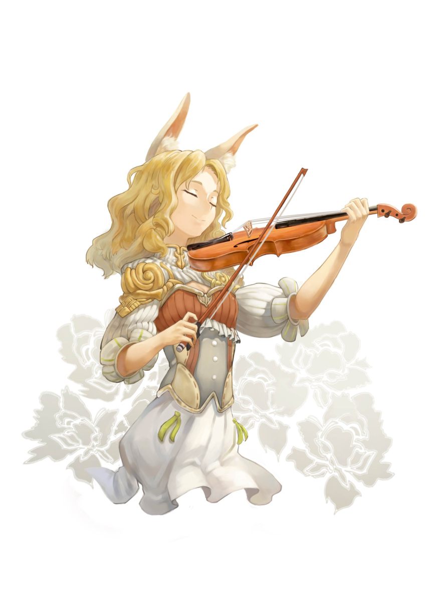 1girl absurdres animal_ears blonde_hair bow_(instrument) closed_eyes floral_print flower frills green_ribbon highres holding holding_instrument instrument landuo_niangao original puffy_short_sleeves puffy_sleeves ribbon rose short_sleeves simple_background skirt smile violin white_background white_skirt