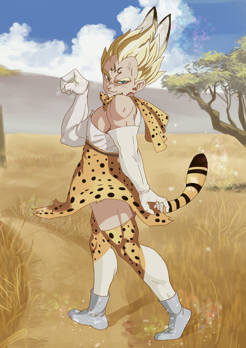 1boy absurdres animal_ears animal_print bare_shoulders blonde_hair blue_sky boots clouds commentary_request cosplay crossdressinging day dragon_ball elbow_gloves eyebrows facial_mark forehead_mark full_body gloves green_eyes highres kemono_friends looking_at_viewer majin_vegeta muscle nature outdoors savannah serval_(kemono_friends) serval_(kemono_friends)_(cosplay) serval_ears serval_print serval_tail shirt short_hair skirt sky sleeveless sleeveless_shirt smile solo standing tail thigh-highs trait_connection usagiherb_(z753503634) vegeta white_boots white_shirt zettai_ryouiki