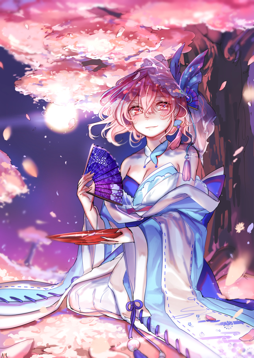 1girl absurdres bare_shoulders breasts butterfly cherry_blossoms cleavage cup fan folding_fan full_moon highres japanese_clothes kimono looking_at_viewer medium_breasts moon night night_sky outdoors pink_eyes pink_hair saigyouji_yuyuko sakazuki sitting sky smile solo tis_(shan0x0shan) touhou tree veil