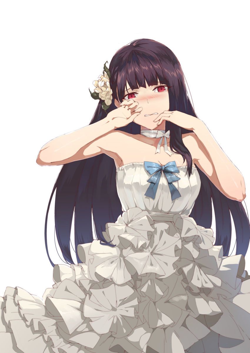 1girl absurdres blush choker crying dress eyebrows eyebrows_visible_through_hair flower girls_frontline hair_flower hair_ornament highres inxst long_hair looking_at_viewer purple_hair red_eyes ribbon solo tears wa2000_(girls_frontline) white_background