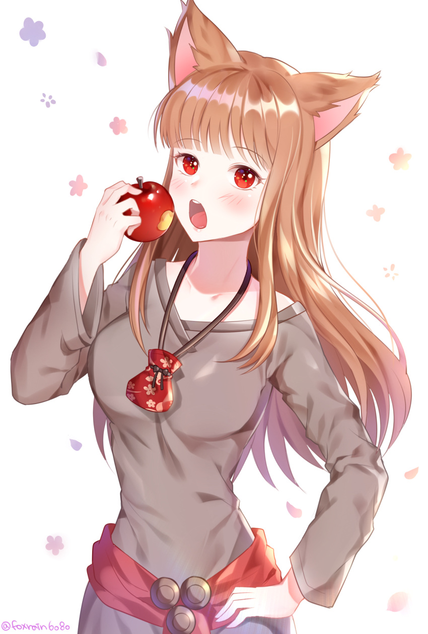1girl :o animal_ears apple artist_name bangs bite_mark blunt_bangs blush breasts brown_hair brown_shirt cat_ears eyebrows_visible_through_hair food fruit hand_on_hip highres holding holding_fruit holo jewelry long_hair long_sleeves looking_at_viewer medium_breasts necklace no_tail open_mouth pouch red_eyes round_teeth shirt simple_background solo spice_and_wolf teeth tongue twitter_username ubi_(ekdus6080) white_background wolf_ears wolf_girl