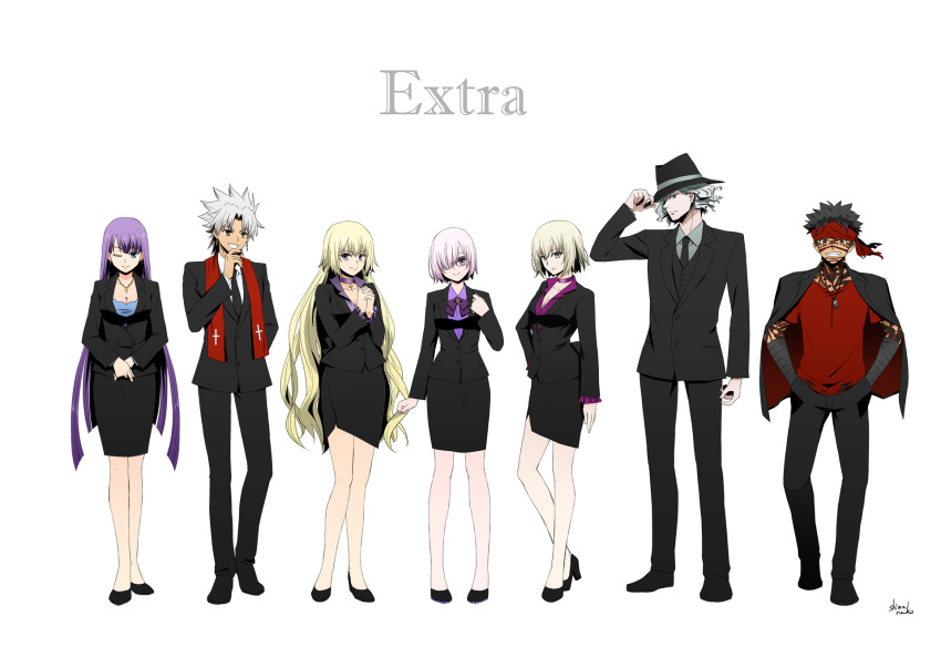 avenger blonde_hair dual_persona edmond_dantes_(fate/grand_order) fate/apocrypha fate/grand_order fate/hollow_ataraxia fate_(series) formal full_body glasses hat highres jeanne_alter kotomine_shirou long_hair looking_at_viewer multiple_girls one_eye_closed purple_hair ruler_(fate/apocrypha) saint_martha scarf shielder_(fate/grand_order) shimaneko short_hair smile suit violet_eyes wh white_hair yellow_eyes