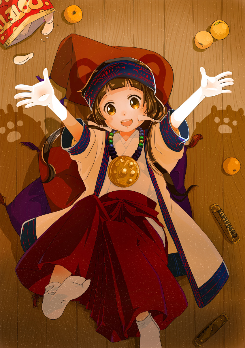1girl :d absurdres ainu_clothes amayadori_machi bag bangs blunt_bangs blush brown_eyes brown_hair chips chocolate_bar cushion flat_chest food from_above fruit full_body hair_ribbon hakama headband highres indoors japanese_clothes kumai_natsu kumamiko long_hair looking_at_viewer low_twintails lying mandarin_orange medallion miko on_back on_floor open_mouth outstretched_arms potato_chips red_hakama ribbon seo_hajime shadow short_sleeves smile tabi tassel teeth twintails white_legwear white_ribbon wooden_floor wrapper