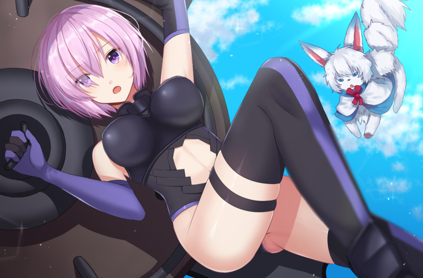 1girl armor armored_dress arms_up bare_shoulders blurry blush breasts depth_of_field fate/grand_order fate_(series) fou_(fate/grand_order) gloves hair_over_one_eye izumo_neru looking_at_viewer purple_hair shield shielder_(fate/grand_order) short_hair solo violet_eyes