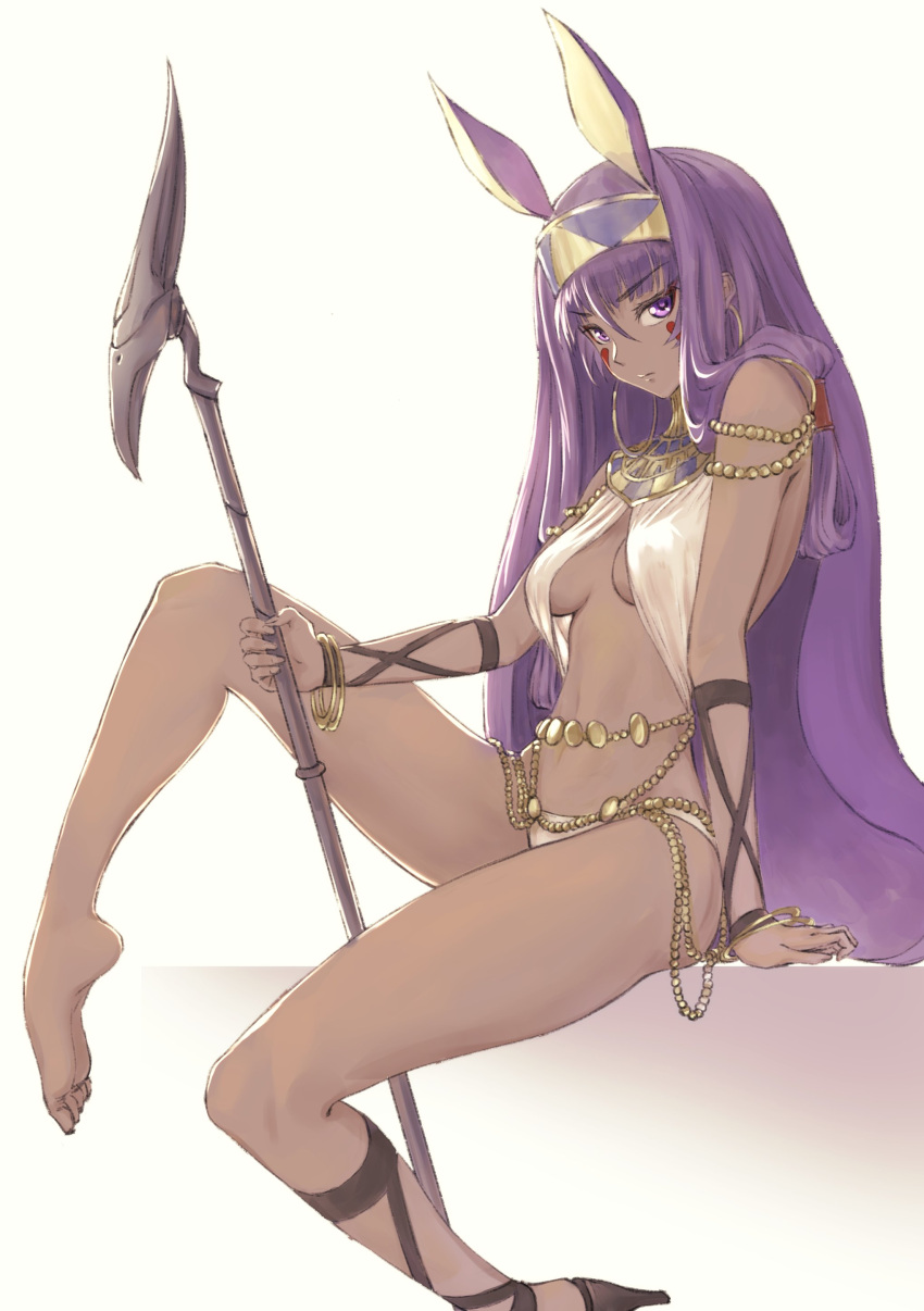absurdres animal_ears arm_support bangle barefoot bracelet breasts cross-laced_footwear cross-laced_sandals dark_skin emoshon eyebrows_visible_through_hair facial_mark fate/grand_order fate_(series) hair_between_eyes hair_over_shoulder hairband high_heels highres jewelry long_hair looking_at_viewer midriff navel nitocris_(fate/grand_order) simple_background single_shoe sitting small_breasts staff under_boob very_long_hair violet_eyes
