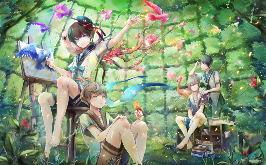 4boys bird bird_on_hand black_hair book brown_hair crossed_ankles easel flamingo full_body grass green_background hand_on_another's_shoulder hand_on_own_knee hat kneeling mini_hat multiple_boys original painting plant sailor_collar sitting stool yaguchi_minato