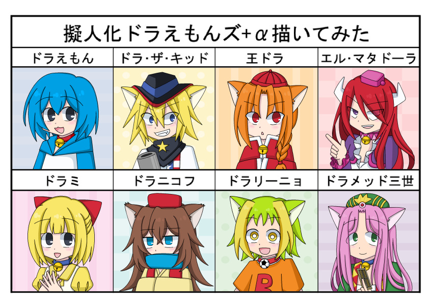 6+girls :&gt; :3 :d :o absurdres american_flag_shirt animal_ears ball bandanna bangs bell bell_collar between_fingers black_hat blonde_hair blue_eyes blue_hair blue_scarf blunt_bangs blush bow braid brown_hair cannon card cat_ears chinese_clothes closed_mouth collar cow_horns cowboy_hat dora-nichov dora-rinho dora-the-kid dora_med_iii doraemon doraemon_(character) dorami dress el_matadora expressionless eyebrows_visible_through_hair eyes_visible_through_hair fang frilled_sleeves frills fur_hat genderswap genderswap_(mtf) green_eyes green_hair green_hat green_shirt grey_eyes grin hair_between_eyes hair_bow hair_flaps hand_up hands_together hands_up hat highres holding holding_card holding_weapon hood hoodie horns jacket jitome long_hair long_sleeves looking_at_viewer looking_away looking_up multicolored_hair multiple_girls open_mouth orange_hair orange_shirt parody personification pink_hair portrait puffy_sleeves purple_shirt red_bow red_eyes red_hat red_jacket red_vest redhead scarf scarf_over_mouth shiny shiny_hair shirt short_hair side_braid single_braid smile soccer_ball star streaked_hair t-shirt tangzhuang the_doraemons turban ushanka vest violet_eyes wang_dora weapon yellow_dress yellow_eyes yellow_shirt