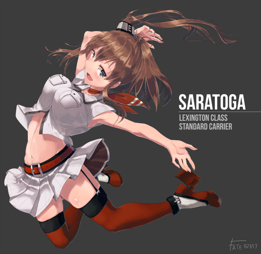 1girl 2017 adapted_costume arms artist_name blouse blue_eyes breast_pocket brown_hair character_name dated dress_shirt ekusufeito garter_straps hair_between_eyes highres kantai_collection long_hair looking_at_viewer open_mouth pleated_skirt pocket ponytail red_legwear saratoga_(kantai_collection) shirt side_ponytail sidelocks skirt solo thigh-highs white_skirt