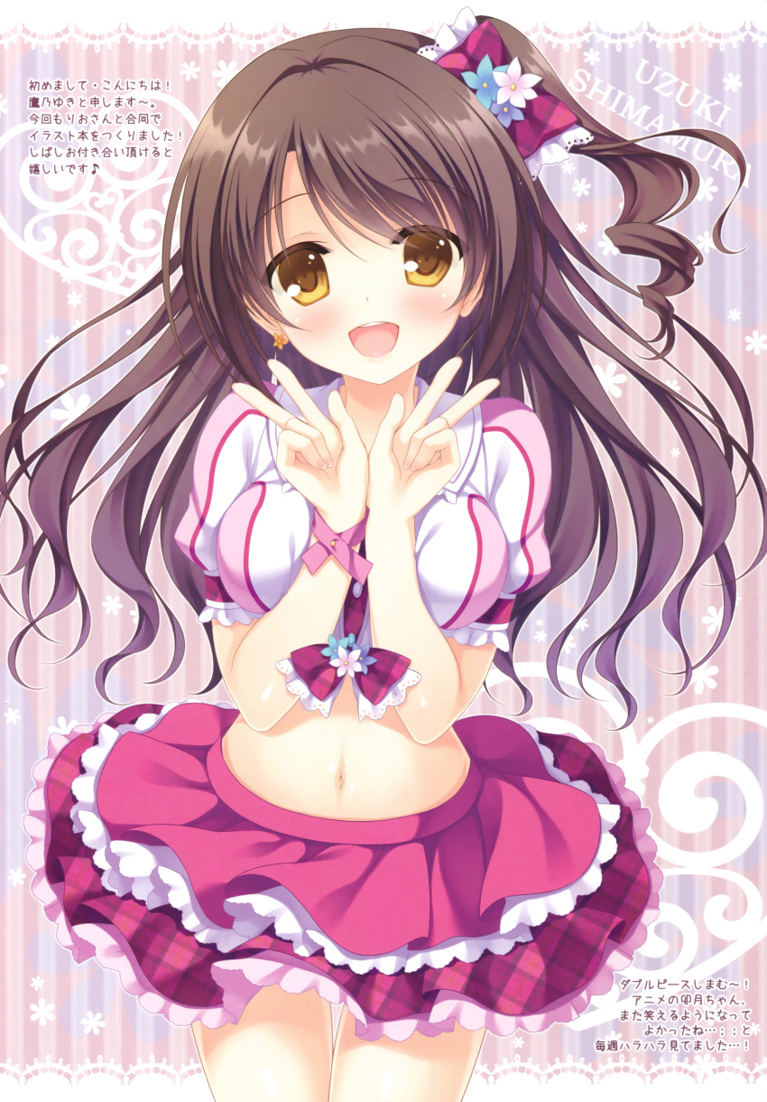 1girl :d absurdres bow brown_eyes brown_hair character_name cowboy_shot crop_top double_w earrings eyebrows_visible_through_hair flower flower_earrings hair_bow hair_flower hair_ornament highres idolmaster idolmaster_cinderella_girls jewelry layered_skirt long_hair looking_at_viewer midriff navel one_side_up open_mouth pink_skirt plaid plaid_bow shimamura_uzuki skirt smile solo standing stomach takano_yuki takano_yuki_(allegro_mistic) w