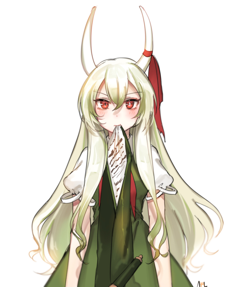 1girl blush dress eating ex-keine green_dress green_hair highres horn_ribbon horns kamishirasawa_keine long_hair mouth_hold multicolored_hair neckerchief red_eyes red_neckerchief red_ribbon ribbon scroll short_sleeves signature simple_background solo tis_(shan0x0shan) too_literal touhou two-tone_hair white_background