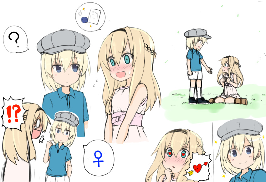 !? /\/\/\ 2girls ? alternate_costume androgynous arrow arrow_through_heart atsushi_(aaa-bbb) bare_shoulders bismarck_(kantai_collection) blonde_hair blue_eyes blush boots braid comic crying crying_with_eyes_open dress flying_sweatdrops french_braid grass hair_between_eyes hairband hand_in_pocket heart heart-shaped_pupils highres jewelry kantai_collection kneeling long_hair multiple_girls paper pointing pointing_at_self polo_shirt ribbon ring ring_box shoes short_hair short_sleeves shorts sitting smile sparkle spoken_question_mark surprised sweatdrop symbol symbol-shaped_pupils tears tomboy venus_symbol wariza warspite_(kantai_collection) wedding_ring white_legwear younger yuri