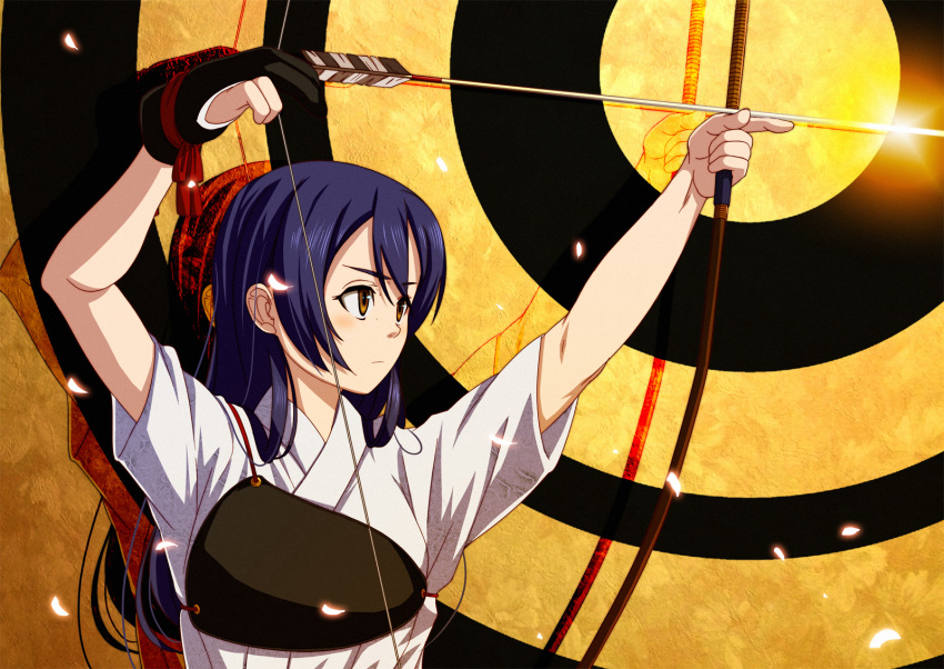 1girl archery arrow blue_hair bow_(weapon) commentary_request drawing_bow gloves highres holding holding_bow_(weapon) kyuudou long_hair love_live! love_live!_school_idol_project muneate partly_fingerless_gloves petals reflection shiro_manjuu_(shiroxie) short_sleeves single_glove solo sonoda_umi target upper_body weapon yellow_eyes yugake