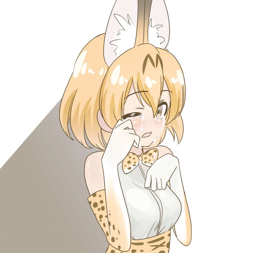 1girl animal_ears bare_shoulders blonde_hair bow cat_ears crying crying_with_eyes_open deadnooodles elbow_gloves gloves greyscale highres kemono_friends monochrome one_eye_closed open_mouth serval_(kemono_friends) serval_ears serval_print shirt short_hair simple_background solo spoilers tears