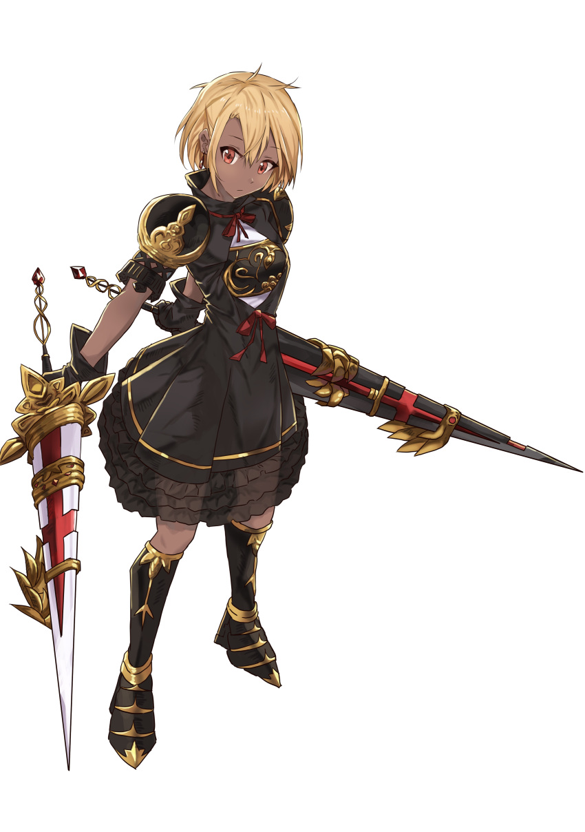 1girl :/ absurdres armor armored_boots armored_dress arms_behind_back artist_request bangs black_dress black_gloves blonde_hair boots breastplate brown_eyes center_opening closed_mouth commentary_request crystal_earrings dark_skin dress dual_wielding earrings eyebrows_visible_through_hair frilled_skirt frills from_above full_body gloves gold_trim greaves hair_between_eyes high_collar highres holding holding_weapon jewelry knee_boots lance looking_to_the_side neck_ribbon original parted_bangs pauldrons pleated_dress polearm puffy_sleeves red_ribbon ribbon see-through see-through_silhouette shirt short_hair simple_background skirt solo standing thighs weapon white_background white_shirt wind wind_lift