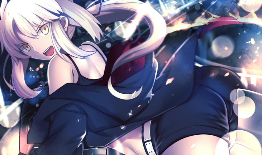 &gt;:d 1girl :d arched_back ass bangs bare_shoulders belt bent_over black_jacket black_ribbon black_shorts cowboy_shot dutch_angle eyebrows_visible_through_hair fate/grand_order fate_(series) from_side hair_ribbon hood hood_down hooded_jacket jacket lens_flare looking_at_viewer looking_to_the_side off_shoulder open_clothes open_jacket open_mouth paperfinger ponytail ribbon round_teeth saber saber_alter shorts shoulder_blades sidelocks smile standing teeth