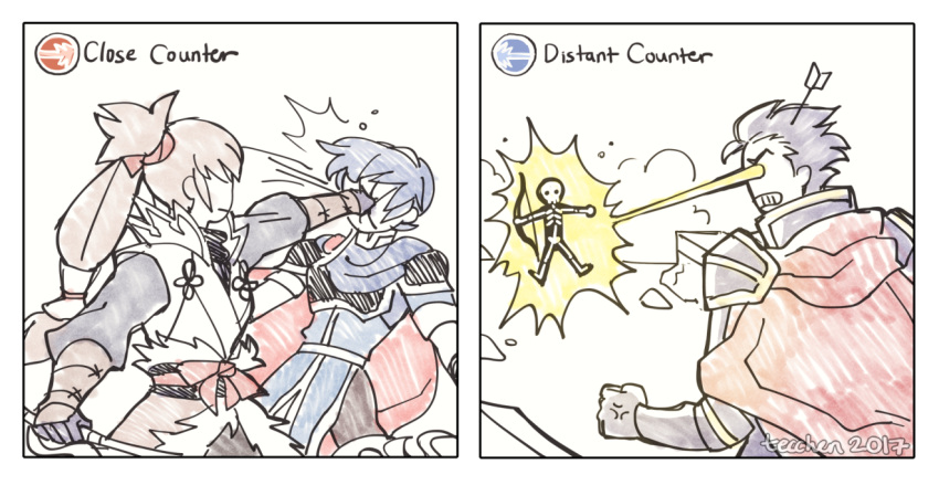 2koma 3boys arrow arrow_in_head bad_source bow_(weapon) comic counter eye_beam fire_emblem_heroes gameplay_mechanics hector_(fire_emblem) laser_sight male_focus marth md5_mismatch multiple_boys punching resized takumi_(fire_emblem_if) tecchen upscaled weapon
