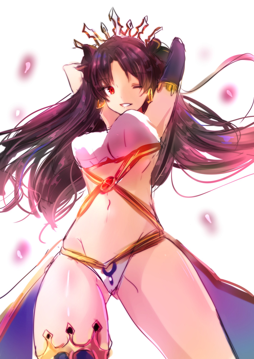 1girl absurdres armlet artist_name black_hair black_legwear crown earrings fate/grand_order fate_(series) hair_ribbon highres hoop_earrings ishtar_(fate/grand_order) jewelry long_hair looking_at_viewer navel one_eye_closed red_eyes redhead ribbon simple_background single_thighhigh solo thigh-highs tohsaka_rin toosaka_rin twintails white_background