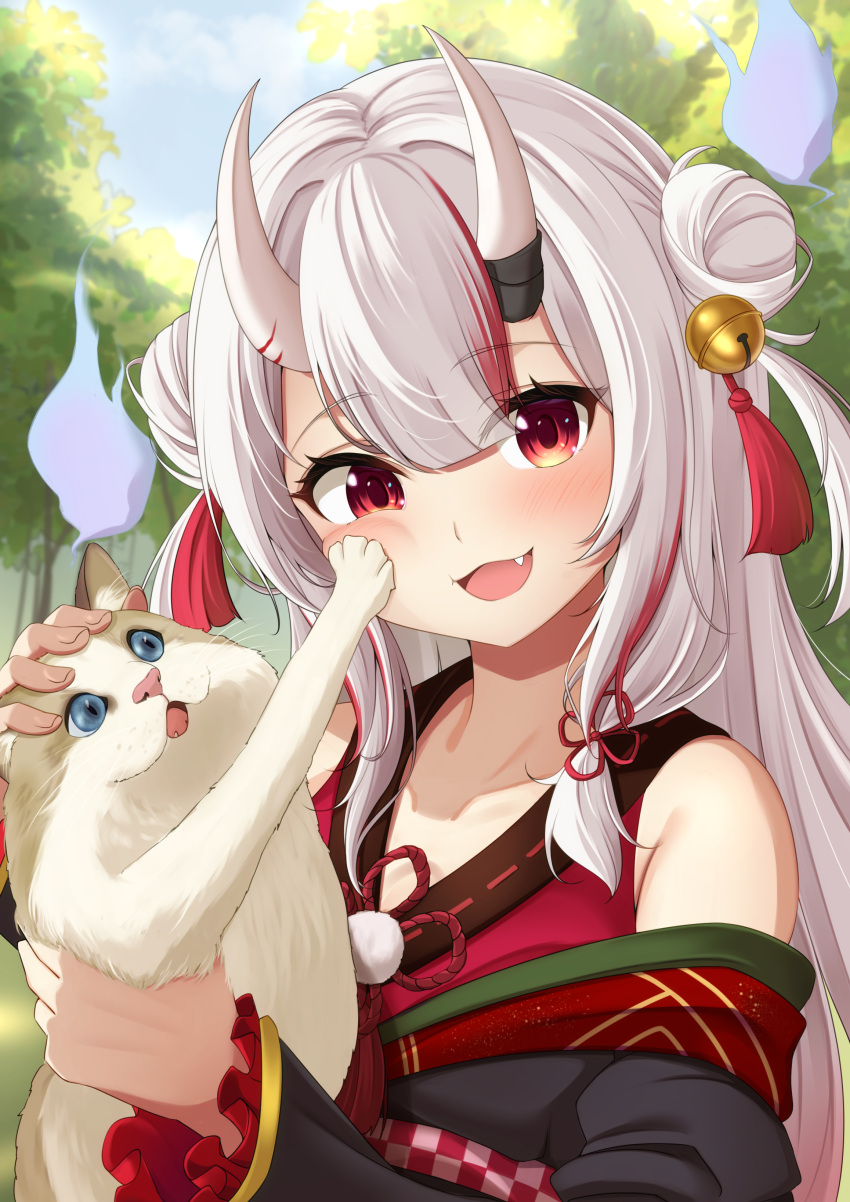 1girl absurdres bell blush cat collarbone day double_bun fang hair_bun highres hololive horns japanese_clothes jingle_bell kaigan kimono looking_at_viewer multicolored_hair nakiri_ayame oni oni_horns open_mouth outdoors red_eyes redhead smile solo streaked_hair virtual_youtuber white_hair will-o'-the-wisp_(mythology)