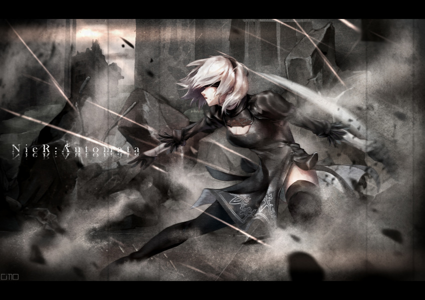 1girl absurdres battle black_dress black_legwear blindfold breasts cleavage cleavage_cutout copyright_name dms dress gloves hairband highres large_breasts letterboxed mole mole_under_mouth nier_(series) nier_automata outdoors ruins short_hair silver_hair solo yorha_no._2_type_b