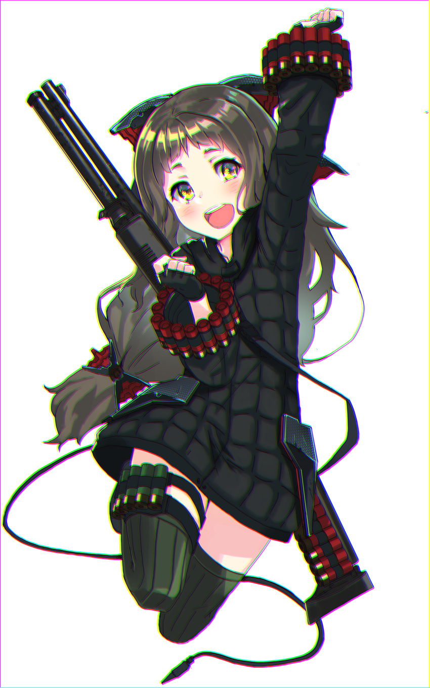 1girl :d absurdres benelli_m1014 blush brown_hair character_request chromatic_aberration commentary_request fingerless_gloves full_body gloves green_legwear gun hand_up highres jumping long_hair low-tied_long_hair oota_youjo open_mouth shotgun smile solo thigh-highs weapon yellow_eyes zettai_ryouiki