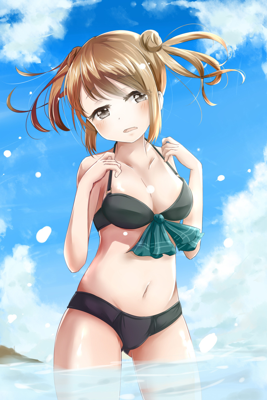 1girl absurdres bikini black_bikini breasts brown_eyes brown_hair cleavage clouds cowboy_shot day double_bun front-tie_top gluteal_fold hair_bun highres kantai_collection medium_breasts michishio_(kantai_collection) navel open_mouth outdoors short_hair short_twintails soaking_feet solo standing swimsuit twintails wading water yuriasu_(pixiv4311732)