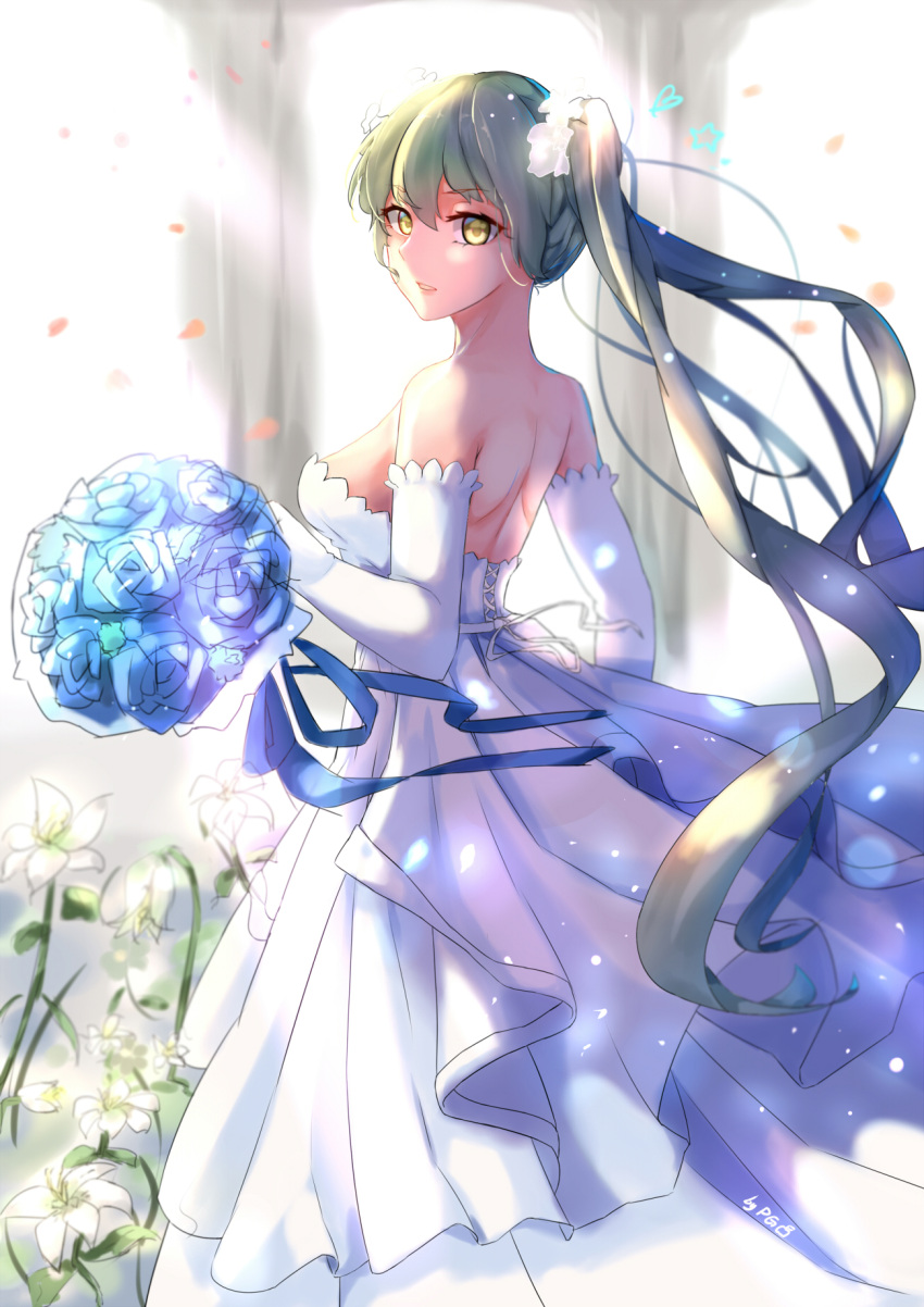 1girl bouquet dress elbow_gloves flower from_side gloves green_hair hatsune_miku highres long_hair mou_zhi_pingguo solo very_long_hair vocaloid wedding_dress white_gloves yellow_eyes