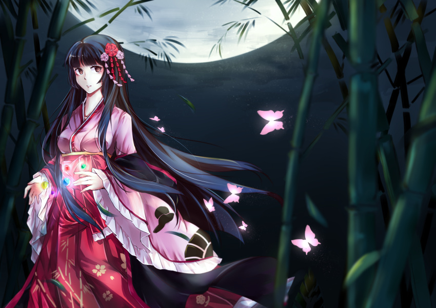 1girl absurdres bamboo black_hair breasts brown_eyes butterfly flower hair_flower hair_ornament highres hime_cut houraisan_kaguya japanese_clothes kamigakushi_no_cho_sakura long_hair long_sleeves moon night night_sky parted_lips sky solo touhou very_long_hair wide_sleeves