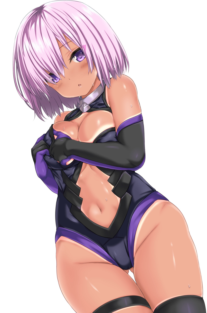 1girl :o adjusting_clothes adjusting_leotard bare_shoulders black_gloves black_legwear blush breasts center_opening cleavage closed_eyes cowboy_shot dark_skin dutch_angle fate/grand_order fate_(series) gloves gluteal_fold groin hair_over_one_eye highres leotard looking_at_viewer medium_breasts navel nijimotohiro_k one-piece_tan open_mouth pink_hair shielder_(fate/grand_order) shiny shiny_skin short_hair solo standing stomach sweat tan tanline thigh-highs thigh_gap violet_eyes