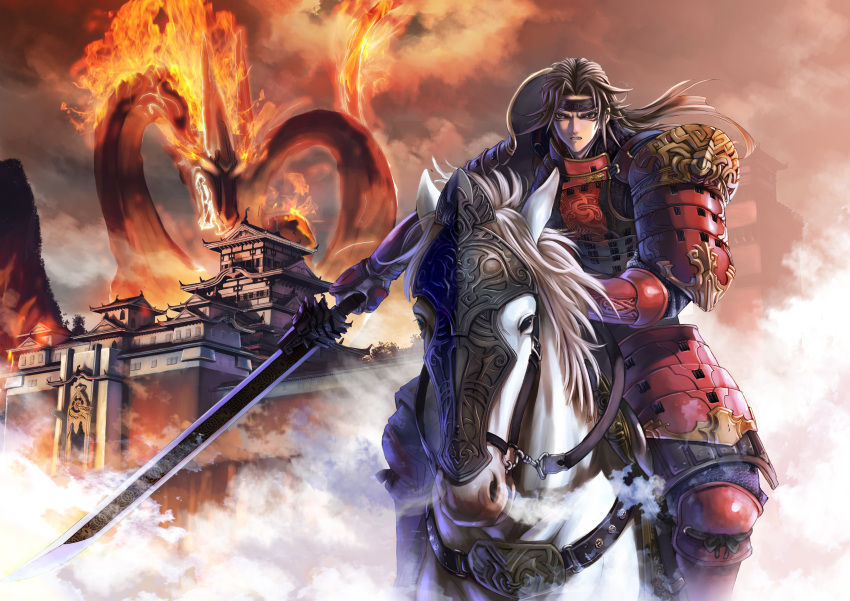 1boy absurdres architecture armor breath brown_hair chainmail clouds dragon east_asian_architecture fire headband highres horse horseback_riding japanese_armor kulicat long_hair looking_at_viewer original reins riding serious sword weapon white_horse
