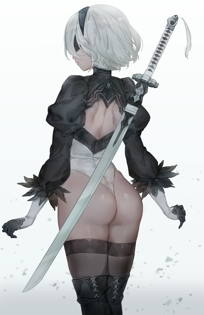 1girl absurdres ass black_gloves black_legwear blindfold bob_cut boots from_behind gloves gradient gradient_background hairband highres juliet_sleeves leotard long_sleeves mole mole_under_mouth nier_(series) nier_automata puffy_sleeves short_hair shoulder_blades silver_hair simple_background solo sword thigh-highs thigh_boots weapon yohan1754 yorha_no._2_type_b
