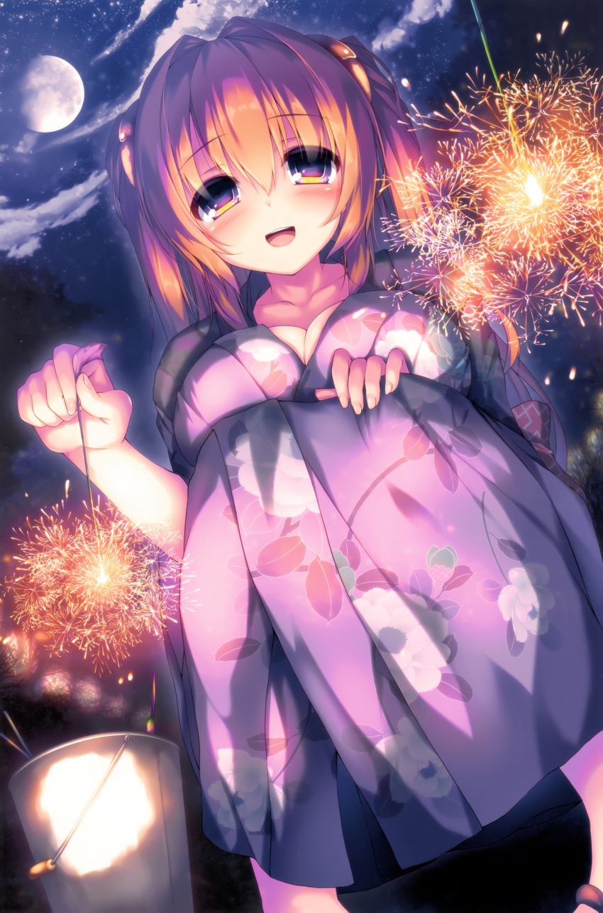 1girl :d absurdres bangs blush breasts brown_hair bucket cassini_m_bisuko cleavage clouds cloudy_sky collarbone eyebrows_visible_through_hair fingernails fireworks floral_print from_below hair_between_eyes hair_ornament hand_on_own_knee highres holding japanese_clothes kimono large_breasts long_hair long_sleeves looking_at_viewer night night_sky open_mouth original outdoors round_teeth sandals senkou_hanabi sky smile solo sparkler squatting star_(sky) starry_sky syroh teeth tree two_side_up violet_eyes yukata