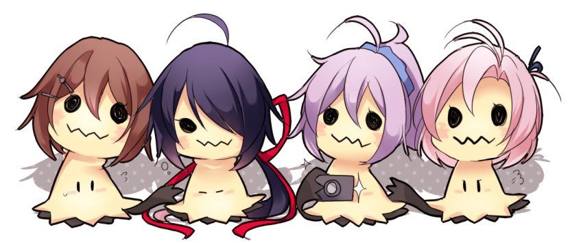 absurdly_long_hair ahoge aoba_(kantai_collection) black_hair blush brown_hair camera closed_eyes crossover flying_sweatdrops full_body fume furutaka_(kantai_collection) hair_between_eyes hair_ornament hair_over_one_eye hair_ribbon hair_scrunchie hairclip holding holding_camera kako_(kantai_collection) kantai_collection kinugasa_(kantai_collection) lavender_hair lineup long_hair low_ponytail mimikyu no_humans ougi_hina pink_hair pokemon pokemon_(creature) red_ribbon ribbon scrunchie short_hair sparkle very_long_hair white_background |_|