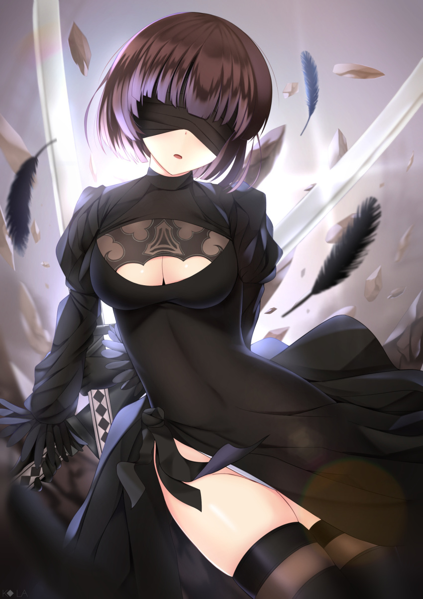 1girl arms_behind_back bangs black_dress black_gloves black_hairband black_legwear blindfold blunt_bangs boots breasts brown_legwear cleavage_cutout covered_eyes cowboy_shot dress feathers gloves groin hairband highres holding holding_sword holding_weapon juliet_sleeves katana legs_together leotard long_sleeves medium_breasts nier_(series) nier_automata no_mole open_mouth puffy_sleeves ribbed_dress rko_(a470350510) short_dress short_hair side_slit silver_hair skindentation solo sword thigh-highs thigh_boots vambraces weapon weapon_on_back white_leotard yorha_no._2_type_b