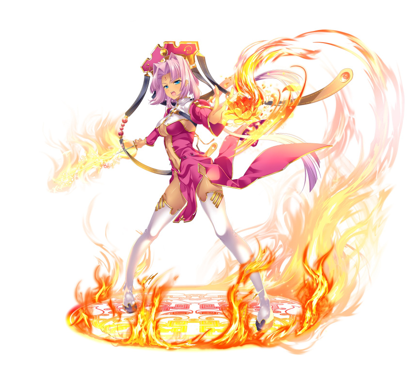 1girl absurdres blue_eyes breasts center_opening cleavage dark_skin dress fighting_stance fire flower hat highres hikage_eiji koihime_musou magic magic_circle navel official_art open_mouth outstretched_arms pink_hair shoes short_hair solo sonken sword thigh-highs thighs weapon white_legwear wind wind_lift zettai_ryouiki