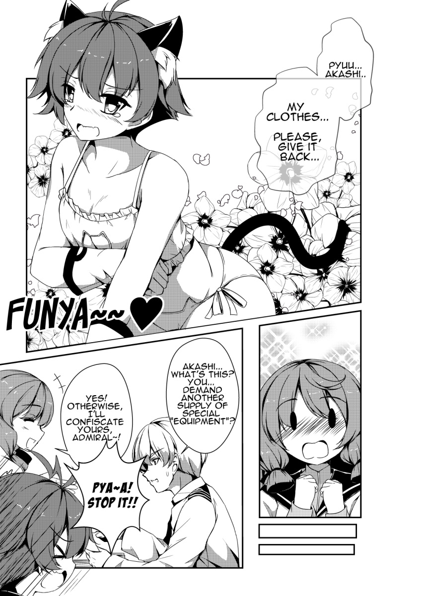 &gt;_&lt; &gt;o&lt; +++ 1boy 2girls ^_^ ^o^ admiral_(kantai_collection) ahoge akashi_(kantai_collection) animal_ears bangs bare_arms bare_shoulders blush bra breasts cat_cutout cat_ear_panties cat_ears cat_lingerie cat_tail cleavage cleavage_cutout clenched_hands closed_eyes collarbone comic embarrassed english eyebrows_visible_through_hair floral_background flower frilled_bra frills gloves greyscale hair_between_eyes hair_ribbon hand_up hands_up heart highres holding holding_paper kantai_collection long_hair long_sleeves looking_at_another meme_attire military military_uniform monochrome motion_lines multiple_girls naval_uniform necktie nose_blush open_mouth panties paper ribbon sakawa_(kantai_collection) school_uniform serafuku sheita shiny shiny_hair short_hair shouting side-tie_panties sitting small_breasts smile solid_oval_eyes sparkle_background speech_bubble sweatdrop tail talking tears underwear underwear_only uniform