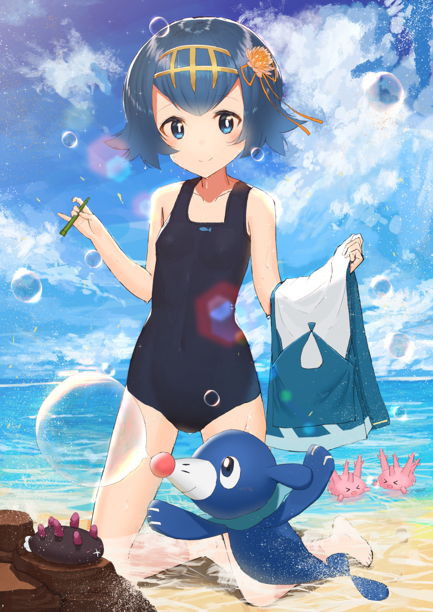 &gt;o&lt; 1girl absurdres akamizuki_(akmzk) bare_arms bare_legs beach black_hair blue_eyes blue_sky blush breasts bubble bubble_blowing bubble_pipe closed_eyes closed_mouth clouds cloudy_sky collarbone corsola covered_navel day feet flower flower_on_head hair_flower hair_ornament hair_ribbon hairband highres holding_clothes kneeling looking_at_viewer ocean one-piece_swimsuit open_mouth outdoors partially_submerged pokemon pokemon_(creature) pokemon_(game) pokemon_sm popplio pyukumuku ribbon sand school_swimsuit short_hair sky small_breasts smile suiren_(pokemon) swimsuit water