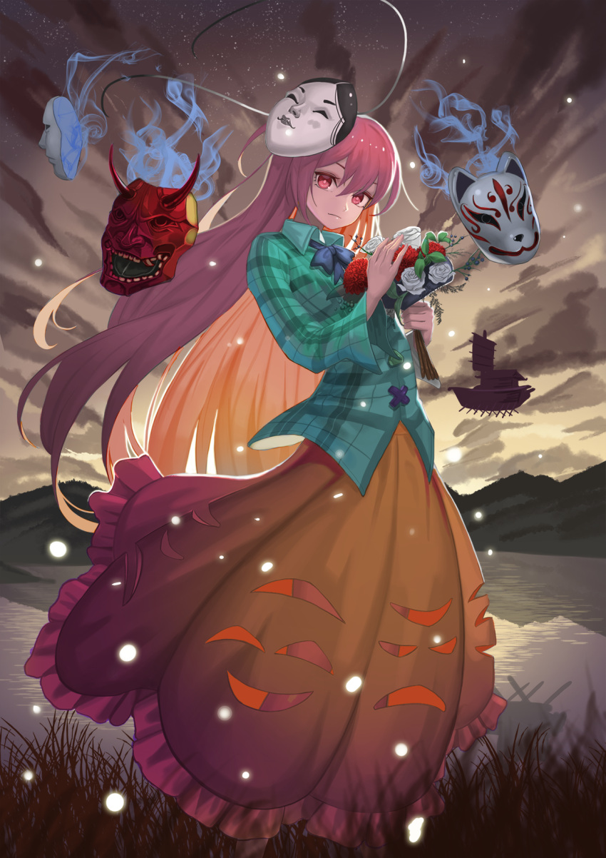 1girl blue_bow blue_bowtie bouquet bow bowtie clouds cloudy_sky collared_shirt flower fox_mask green_shirt hannya hata_no_kokoro highres lake long_hair long_skirt long_sleeves looking_at_viewer mask noh_mask oni_mask outdoors palanquin_ship pink_eyes pink_hair plaid plaid_shirt recare red_rose rose shirt skirt sky solo standing star_(sky) starry_sky touhou water white_rose wind wing_collar