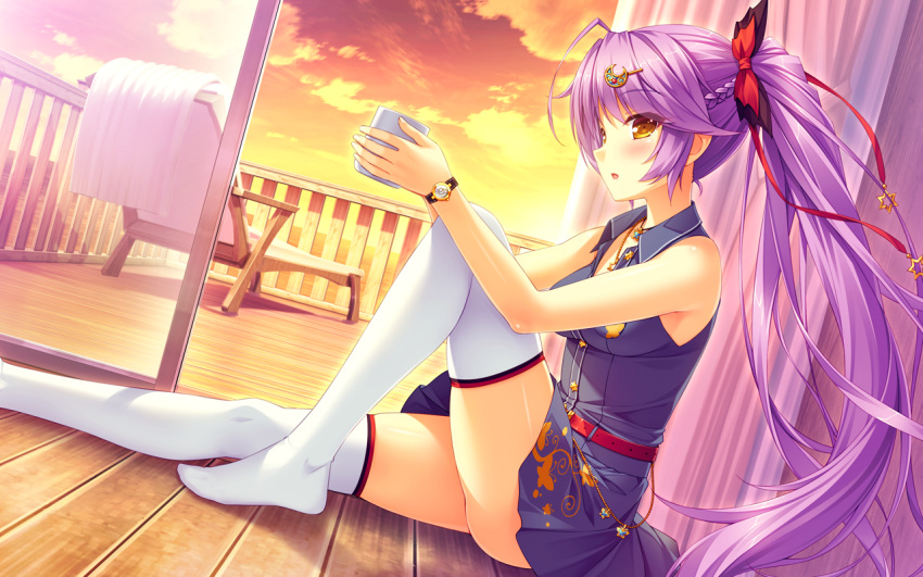 1girl ahoge aoi_miyabi blush boku_to_koi_suru_ponkotsu_akuma. braid breasts chair clouds cloudy_sky crescent crescent_hair_ornament drink from_side game_cg hair_ornament light_smile long_hair lounge_chair medium_breasts no_shoes ponytail purple_hair sayori skirt sky sleeveless smile solo star star_hair_ornament sunset thigh-highs upskirt very_long_hair watch watch yellow_eyes