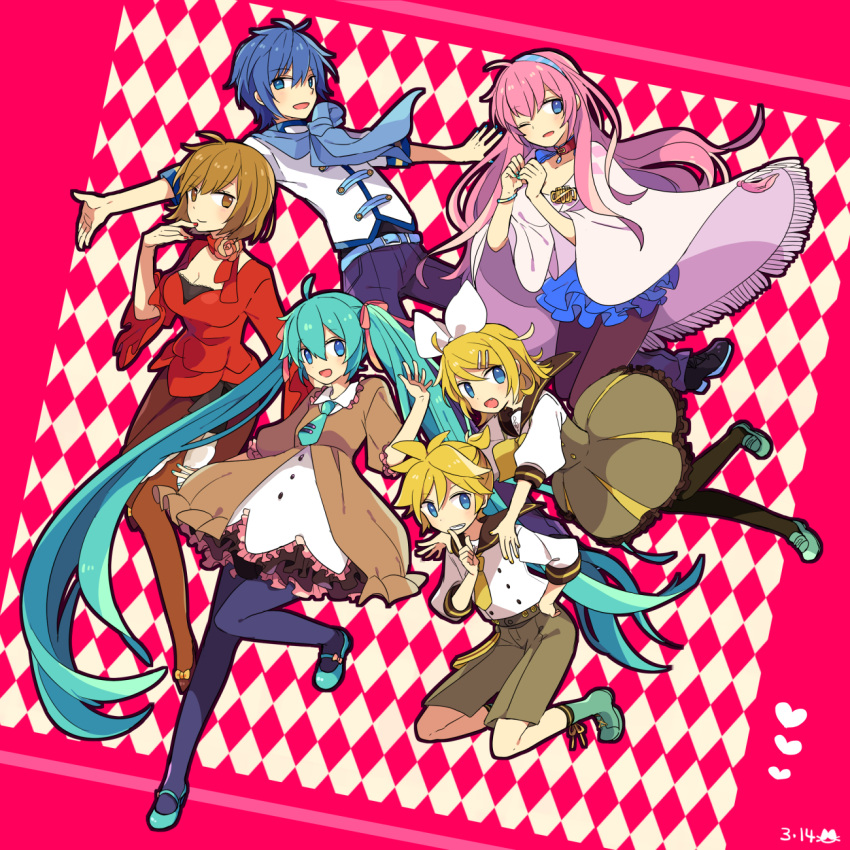 3boys 3girls aqua_eyes aqua_hair belt blonde_hair blue_eyes blue_hair blush bow breasts brown_eyes brown_hair choker cleavage collarbone dated dress everyone flower full_body hair_bow hair_ornament hair_ribbon hairclip hatsune_miku highres kagamine_len kagamine_rin kaito long_hair long_sleeves looking_at_viewer megurine_luka meiko multiple_boys multiple_girls necktie open_mouth patterned_background pink_background pink_hair poncho ribbon scarf short_hair shorts skirt smile twintails very_long_hair vocaloid yoshiki