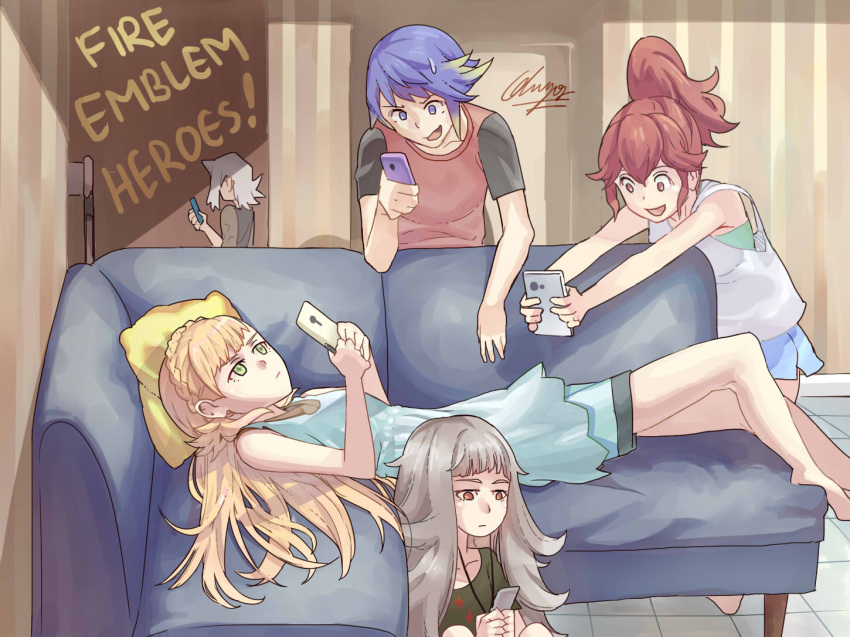 2boys 3girls alfonse_(fire_emblem) anna_(fire_emblem) artist_name blonde_hair blue_eyes blue_hair brown_eyes casual cellphone commentary_request contemporary couch fire_emblem fire_emblem_heroes ghi_yas gradient_hair green_eyes grey_hair holding holding_phone long_hair lying multicolored_hair multiple_boys multiple_girls mysterious_man_(fire_emblem) on_back on_floor open_mouth phone pink_hair ponytail redhead sharena shirt shorts signature sitting smartphone standing sweatdrop t-shirt tank_top veronica_(fire_emblem) white_hair