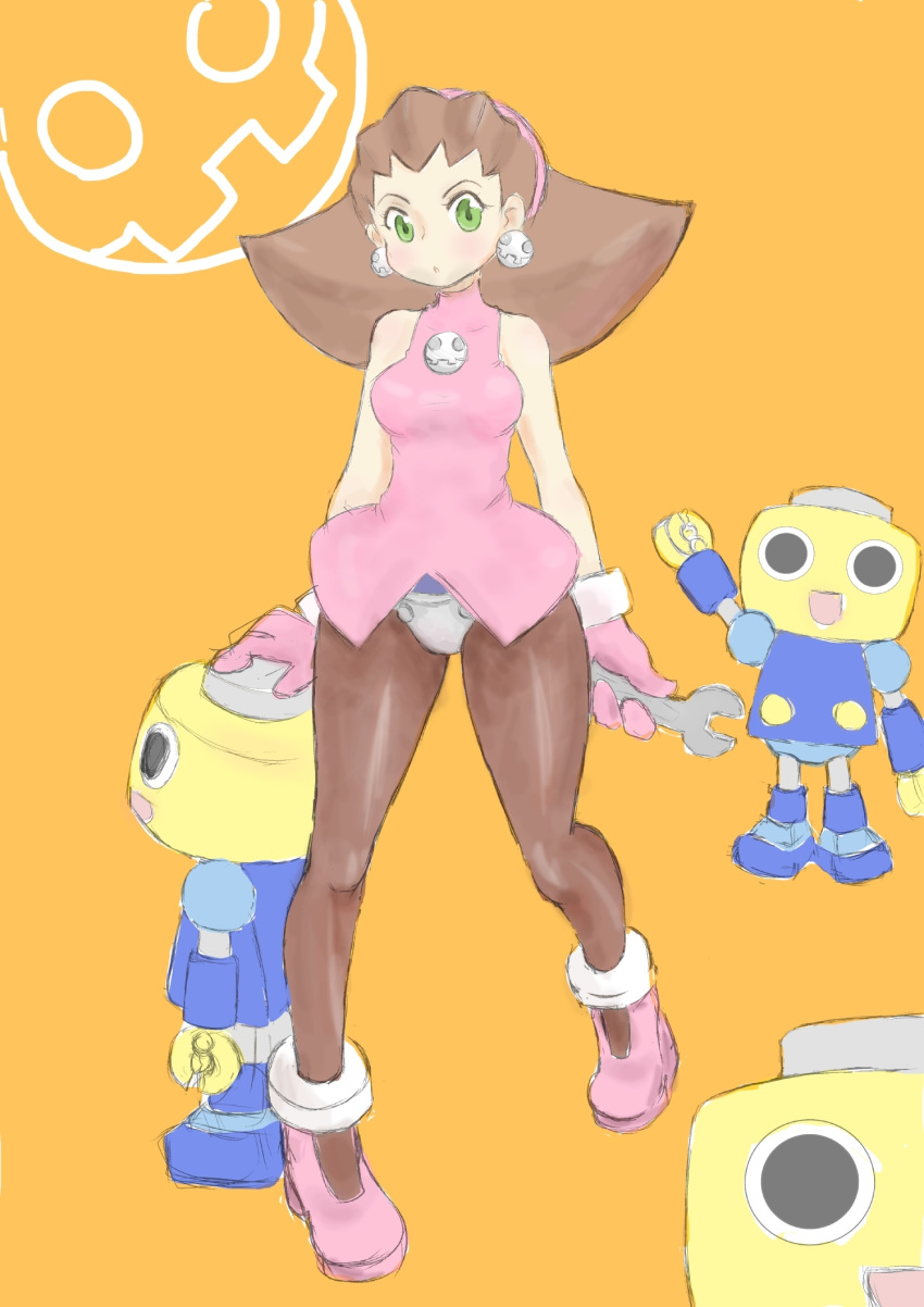 1girl breasts brown_hair capcom codpiece earrings gloves green_eyes hair_slicked_back hairband highres jewelry kobun open_mouth pantyhose pink_hairband rockman rockman_dash short_hair tron_bonne