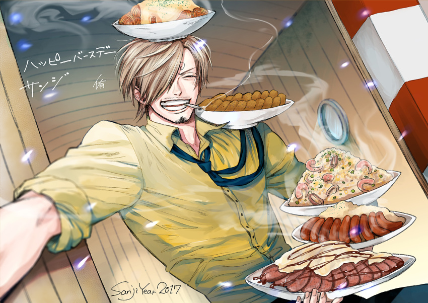 1boy 2017 ^_^ blonde_hair buttons carrying character_name chef cigarette closed_eyes collared_shirt dated dutch_angle facial_hair food goatee grin hair_over_one_eye long_sleeves male_focus meat mouth_hold necktie one_piece plate rice sanji sausage serving shirt shrimp sleeves_rolled_up smile smoke solo spaghetti steam upper_body yellow_shirt yuu_(1969loy)