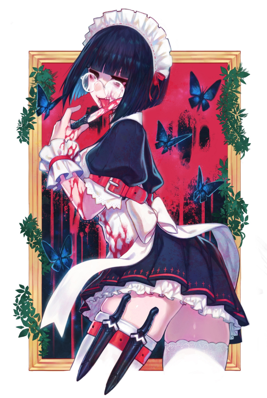 1girl absurdres apron arm_belt bangs black_dress black_hair blood blood_on_face bloody_clothes bloody_hands bloody_knife bloody_weapon blunt_bangs bob_cut breasts brown_eyes butterfly cowboy_shot doku-chan_(dokkudokudoku) dress eyelashes frilled_skirt frills glasses hand_up highres holding holding_knife holding_weapon holster knife knife_licking lace lace-trimmed_thighhighs lace_trim leaf licking lipstick looking_at_viewer maid maid_apron maid_headdress makeup original pink_lips pink_lipstick plant puffy_short_sleeves puffy_sleeves rimless_glasses short_dress short_hair short_sleeves skindentation skirt solo thigh-highs thigh_holster thigh_strap tongue tongue_out weapon white_legwear wrist_cuffs
