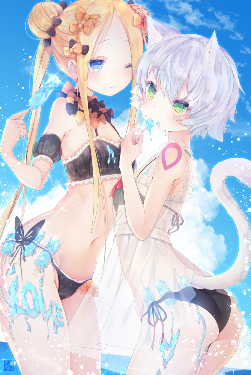 2girls abigail_williams_(fate/grand_order) absurdres alternate_hairstyle animal_ears arched_back ass bangs bare_arms bare_shoulders bikini black_bikini black_bow black_neckwear blonde_hair blue_eyes blue_sky blush bow bowtie breasts cat_ears cat_tail closed_mouth clouds commentary_request cowboy_shot day double_bun dress dripping english eyebrows_visible_through_hair eyes_visible_through_hair facial_scar fate/apocrypha fate/grand_order fate_(series) flat_chest food food_in_mouth food_on_body food_on_clothes food_on_face forehead frilled_bikini frills glint green_eyes grey_hair groin hair_between_eyes hair_bow head_tilt heart highres holding holding_food jack_the_ripper_(fate/apocrypha) kemonomimi_mode legs_together long_hair looking_at_viewer looking_to_the_side melting multiple_girls navel ocean one_eye_closed orange_bow orange_neckwear outdoors parted_bangs popsicle red_ribbon ribbon scar scar_across_eye scar_on_cheek see-through short_hair shoulder_tattoo side-tie_bikini sidelocks signature sky small_breasts smile sparkle standing stomach summer swimsuit tail tattoo twintails very_long_hair water_drop white_dress zuzi_sotusko