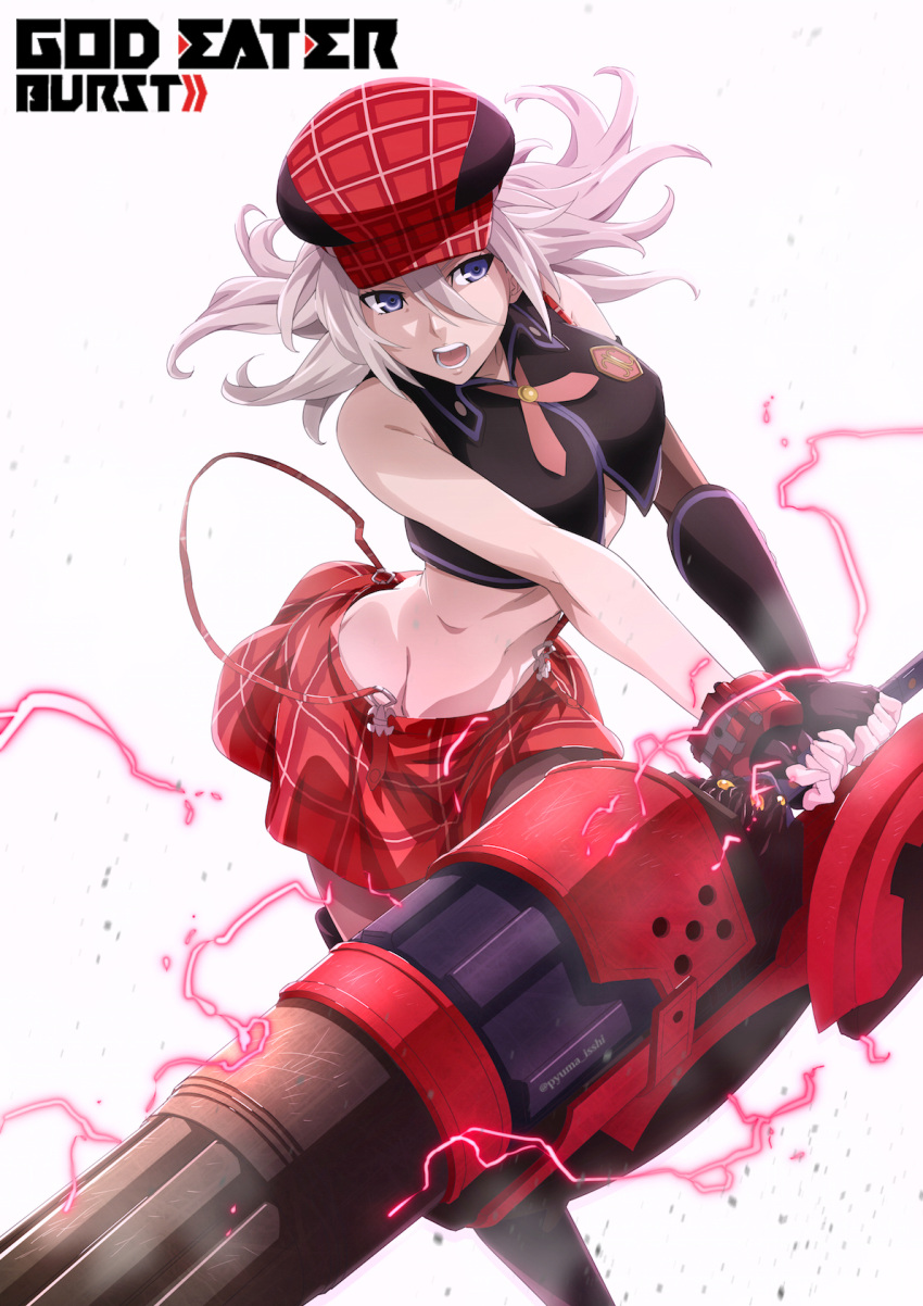1girl alisa_ilinichina_amiella blue_eyes boots breasts butt_crack commentary copyright_name elbow_gloves fingerless_gloves gloves god_eater god_eater_burst hat highres holding holding_weapon long_hair midriff navel open_mouth pantyhose puma_(hyuma1219) silver_hair simple_background skirt sleeveless solo suspender_skirt suspenders thigh-highs thigh_boots weapon white_background